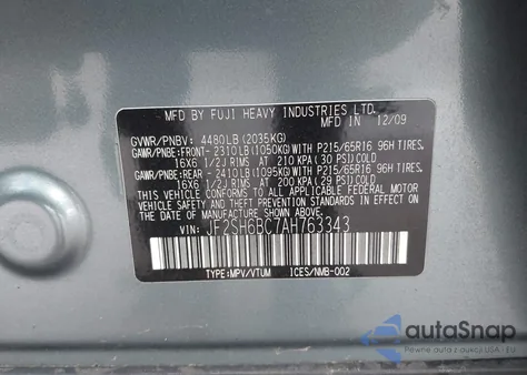 2010 Subaru Forester 2.5X z USA, uszkodzony, nr VIN JF2SH6BC7AH763343